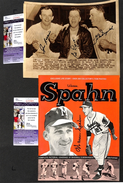Autographed Lot with 1951 Yankees World Series Wire Photo (Signed by Collins, Lopat, and McDougald) and Warren Spahn Signed Magazine (both items include a JSA COA)